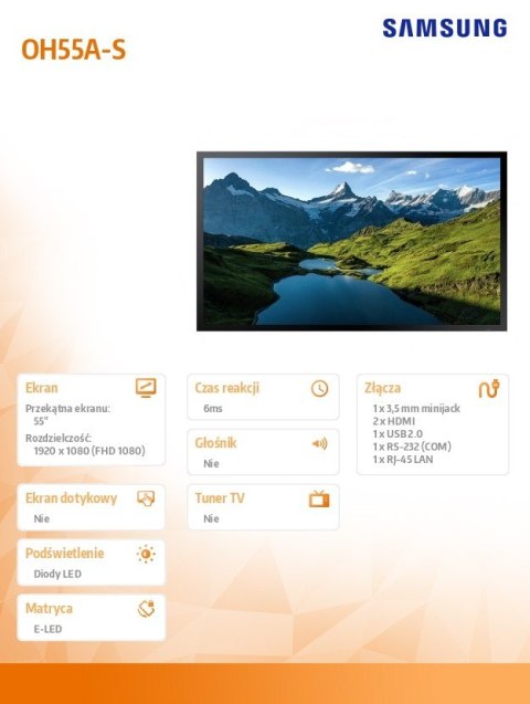 Monitor profesjonalny OH55A-S 55 cali Błyszczący 24h/7 3500(cd/m2) 1920 x 1080 (FHD) S7 Player (Tizen 5) 3 lata On-Site (LH55OHA Monitor profesjonalny OH55A-S 55 cali Błyszczący 24h/7 3500(cd/m2) 1920 x 1080 (FHD) S7 Player (Tizen 5) 3 lata On-Site (LH55OHA