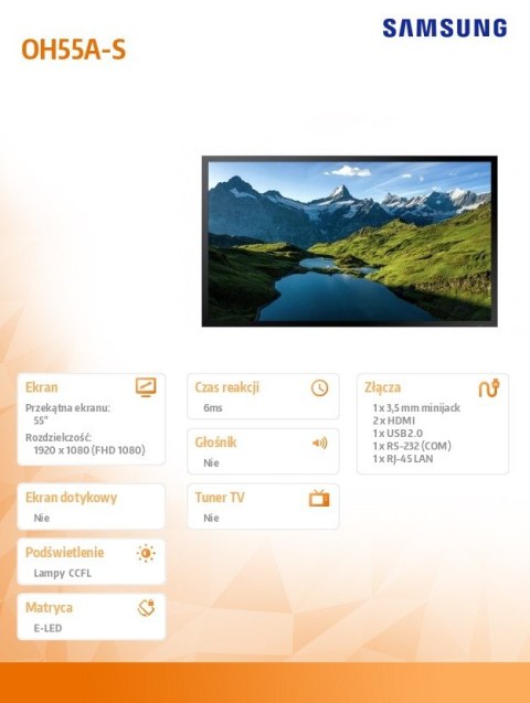 Monitor profesjonalny OH55A-S 55 cali błyszczący 24h/7 3500cd/m2 S7 Player (Tizen 5.0) 3 lata On-Site (LH55OHAESGBXEN) Monitor profesjonalny OH55A-S 55 cali błyszczący 24h/7 3500cd/m2 S7 Player (Tizen 5.0) 3 lata On-Site (LH55OHAESGBXEN)