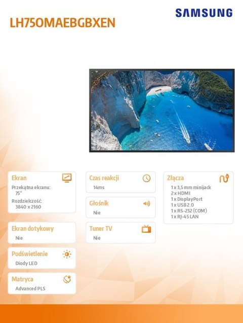 Monitor profesjonalny OM75A 75 cali Błyszczący 24h/7 4000(cd/m2) 3840 x 2160 (UHD) S7 Player (Tizen 5.0) Wi-Fi 3 lata On-Site (L Monitor profesjonalny OM75A 75 cali Błyszczący 24h/7 4000(cd/m2) 3840 x 2160 (UHD) S7 Player (Tizen 5.0) Wi-Fi 3 lata On-Site (L