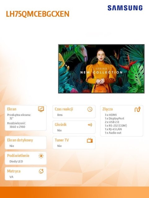 Monitor profesjonalny QM75C 75 cali Matowy 24h/7 500(cd/m2) 3840 x 2160 (UHD) S10 Player (Tizen 7) Wi-Fi/BT 3 lata On-Site (LH75 Monitor profesjonalny QM75C 75 cali Matowy 24h/7 500(cd/m2) 3840 x 2160 (UHD) S10 Player (Tizen 7) Wi-Fi/BT 3 lata On-Site (LH75