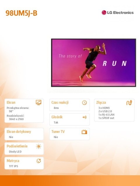Monitor wielkoformatowy 98UM5J 98 cali UHD IPS 500cd/m2 16/7 Monitor wielkoformatowy 98UM5J 98 cali UHD IPS 500cd/m2 16/7