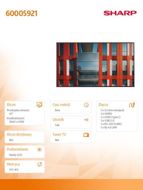 Monitor wielkofotmatowy MultiSync ME432 43 cale 400cd/m2 18/7 Monitor wielkofotmatowy MultiSync ME432 43 cale 400cd/m2 18/7