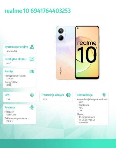 Smartfon realme 10 128GB 8GB Clash White RMX3630 Smartfon realme 10 128GB 8GB Clash White RMX3630