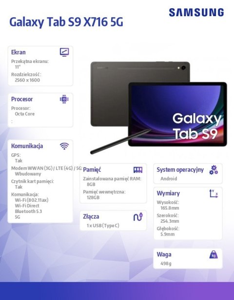 Tablet Galaxy Tab S9 (11 cali, 8+128GB S pen, 5G) Enterprise Edition Szary Tablet Galaxy Tab S9 (11 cali, 8+128GB S pen, 5G) Enterprise Edition Szary