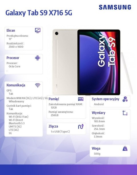 Tablet Galaxy Tab S9 X716 5G 11.0 cali 12/256GB Beżowy