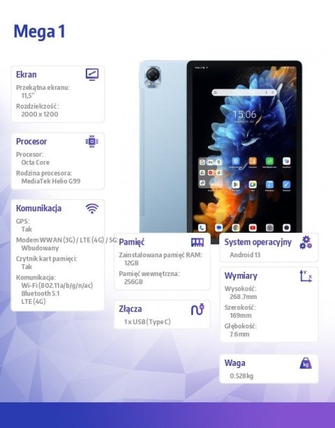 Tablet Mega 1 12/256GB 8800 mAh 11.5 cala niebieski