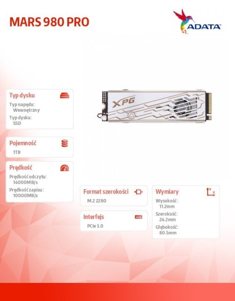Dysk SSD XPG MARS 980 PRO 1TB PCIe 5x4 14/10 GB/s M2