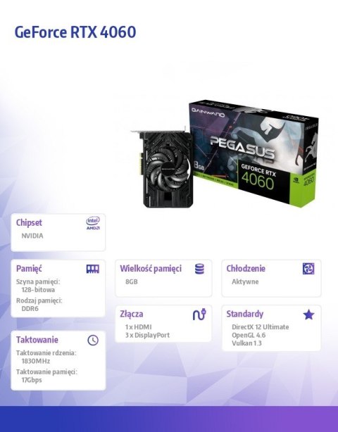 Karta graficzna GeForce RTX 4060 PEGASUS 8GB GDDR6 128bit 3DP/HDMI Karta graficzna GeForce RTX 4060 PEGASUS 8GB GDDR6 128bit 3DP/HDMI