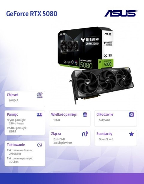 Karta graficzna GeForce RTX 5080 TUF GAMING OC 16GB GDDR7 256bit DP/HDMI Karta graficzna GeForce RTX 5080 TUF GAMING OC 16GB GDDR7 256bit DP/HDMI