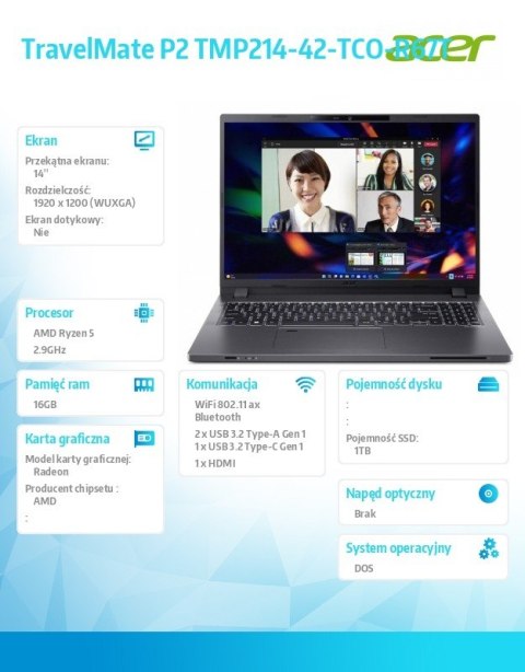 Laptop TravelMate P2 TMP214-42-TCO-R67T R5 PRO 6650U/14.0 FHD IPS/16GB/1TB SSD/DOS Laptop TravelMate P2 TMP214-42-TCO-R67T R5 PRO 6650U/14.0 FHD IPS/16GB/1TB SSD/DOS