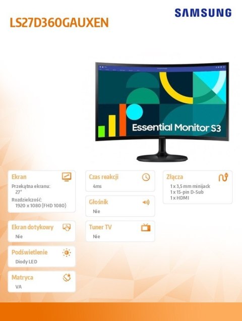 Monitor 27 cali S36GD VA 1920x1080 FHD 16:9 1xD-sub 1xHDMI 4 ms 100Hz zakrzywiony 1800R 2Yd2d (LS27D360GAUXEN)