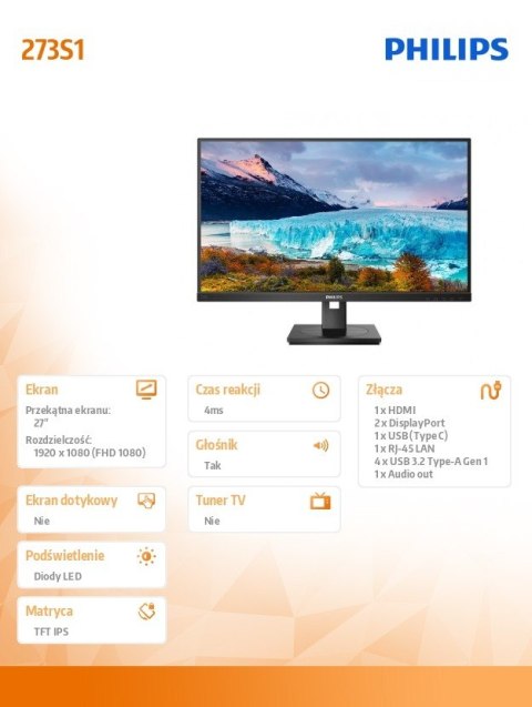 Monitor 273S1 27 cali IPS HDMI DP USB-C Pivot Monitor 273S1 27 cali IPS HDMI DP USB-C Pivot
