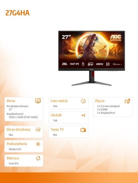 Monitor 27G4HA 27 cali Fast IPS 200Hz HDMIx2 DP Pivot Glośniki