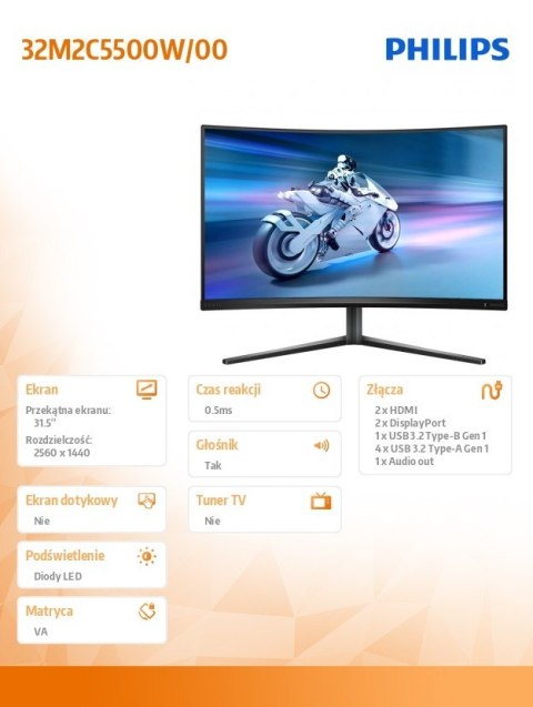 Monitor 32M2C5500W 31.5 cala Zakrzywiony VA 240Hz HDMIx2 DPx2 HAS Głośniki Monitor 32M2C5500W 31.5 cala Zakrzywiony VA 240Hz HDMIx2 DPx2 HAS Głośniki