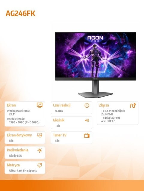 Monitor AG246FK 24.1 cala 540Hz Ultra-Fast TN HDMIx2 DP Pivot Monitor AG246FK 24.1 cala 540Hz Ultra-Fast TN HDMIx2 DP Pivot