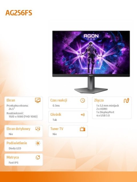 Monitor AG256FS 24.5 cala 390Hz Fast IPS HDMIx2 DP Pivot Monitor AG256FS 24.5 cala 390Hz Fast IPS HDMIx2 DP Pivot