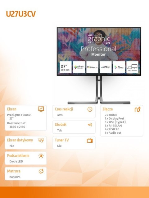 Monitor U27U3CV 27 cali 4K Nano IPS HDMIx2 DP USB-C RJ45