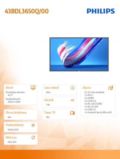Monitor wielkoformatowy 43BDL3650Q 43 cale Monitor wielkoformatowy 43BDL3650Q 43 cale