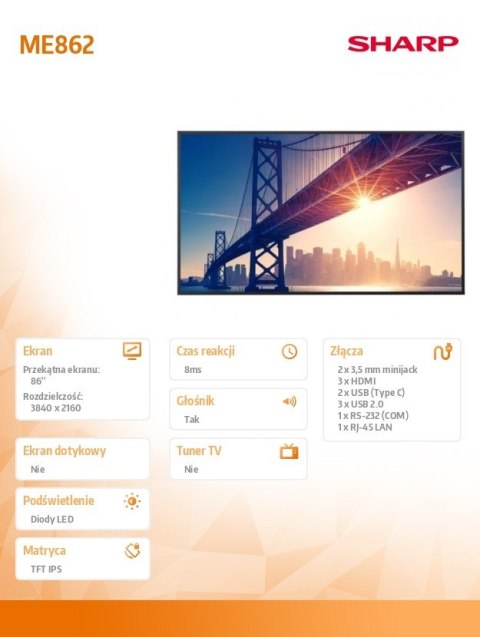 Monitor wielkoformatowy ME862 86 cali UHD 450cd/m2 18/7 Monitor wielkoformatowy ME862 86 cali UHD 450cd/m2 18/7