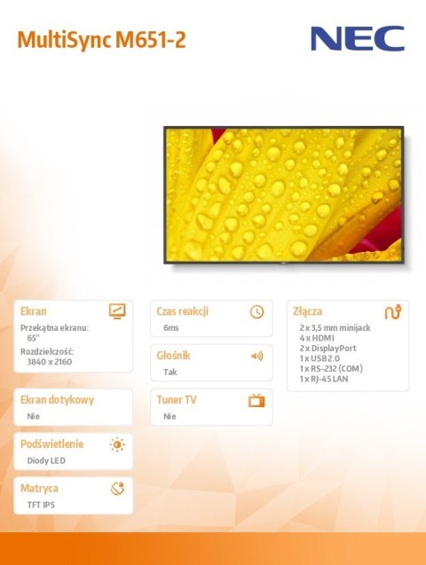 Monitor wielkoformatowy MultiSync M651-2 65 cali UHD 500cd/m2 24/7 Monitor wielkoformatowy MultiSync M651-2 65 cali UHD 500cd/m2 24/7