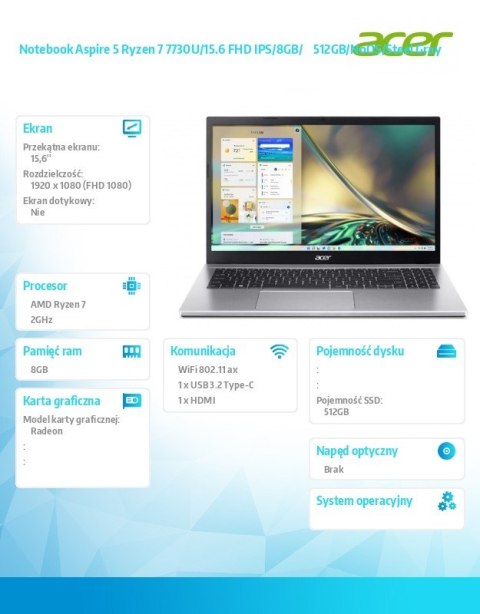 Notebook Aspire 5 Ryzen 7 7730U/15.6 FHD IPS/8GB/ 512GB/NoOS/Steel Gray