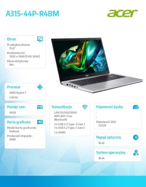 Notebook Laptop Aspire 3 A315-44P-R4BM R7 5700U/15,6 FHD/16GB/512GB/DOS