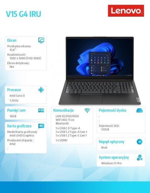 Notebook V15 G4 83A100Q6PB W11Pro i3-1315U/16GB/512GB/INT/15.6 cala FHD/3YRS OS Notebook V15 G4 83A100Q6PB W11Pro i3-1315U/16GB/512GB/INT/15.6 cala FHD/3YRS OS