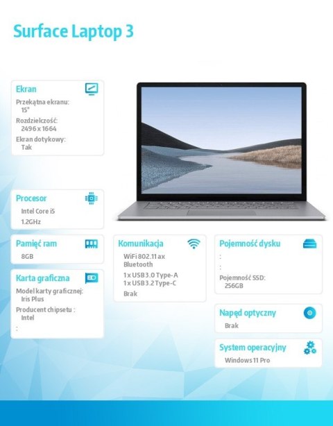 Notebook poleasingowy Surface Laptop 3 Core i5 1035G7 1,2 GHz / 8 GB / 256 SSD / 15 cali 2K dotyk / Win 11 Pro / srebrny (RDZ-0