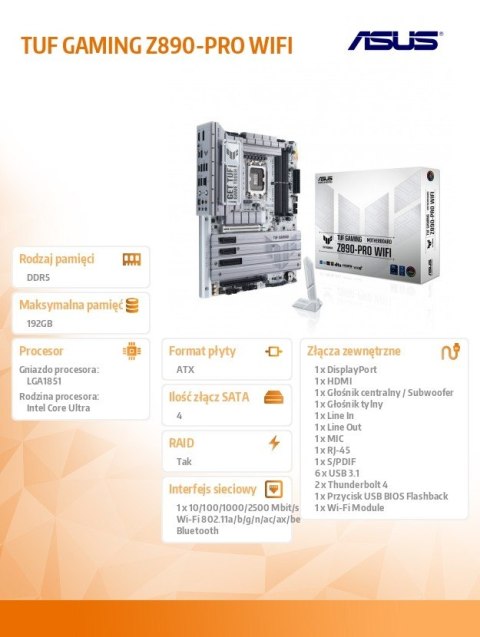 Płyta główna TUF GAMING Z890-PRO WIF I s1851 4DDR5 TB4/DP ATX/90MB1IR0-M0EAY0 Płyta główna TUF GAMING Z890-PRO WIF I s1851 4DDR5 TB4/DP ATX/90MB1IR0-M0EAY0