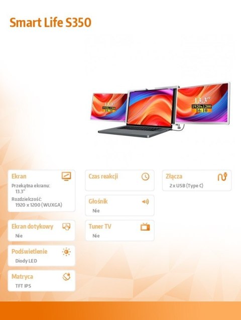 Przenośne monitory do laptopa Smart Life S350 13.3'', 2 monitoryIPS,1920x1200 Przenośne monitory do laptopa Smart Life S350 13.3'', 2 monitoryIPS,1920x1200