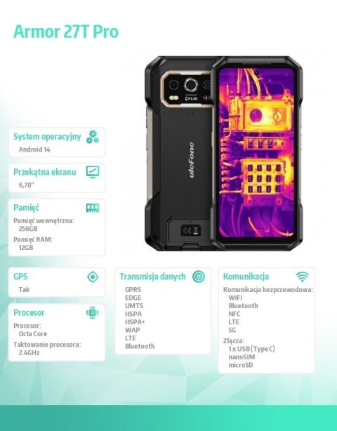 Smartfon Armor 27T Pro 5G 12/256GB IP69K termowizja Czarny Smartfon Armor 27T Pro 5G 12/256GB IP69K termowizja Czarny