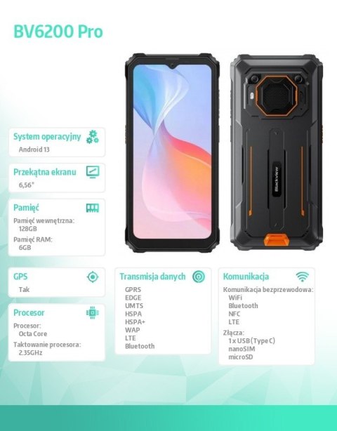 Smartfon BV6200 Pro 4G 6/128GB IP69K głośnik 98db Pomarańczowy