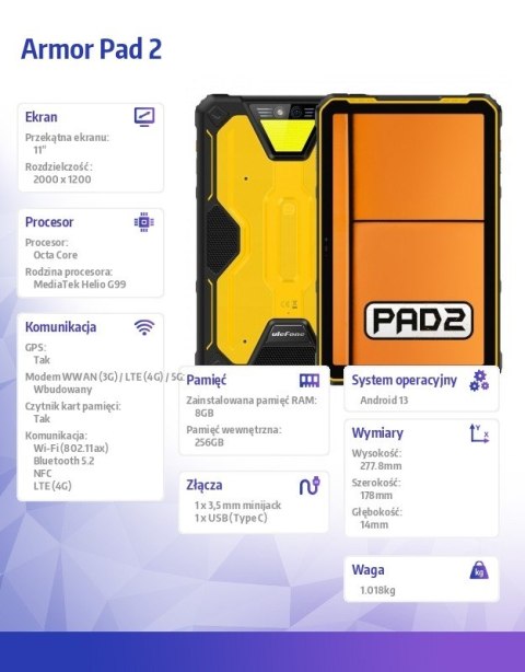 Tablet Armor Pad 2 4G 11" 8/256GB IP69K Czarno-żółty Tablet Armor Pad 2 4G 11" 8/256GB IP69K Czarno-żółty