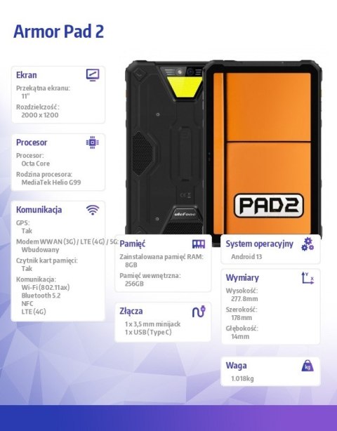 Tablet Armor Pad 2 4G 11" 8/256GB IP69K Czarny Tablet Armor Pad 2 4G 11" 8/256GB IP69K Czarny