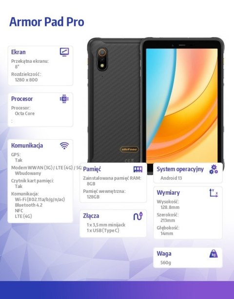 Tablet Armor Pad Pro 4G 8" 8/128GB IP69K Czarny Tablet Armor Pad Pro 4G 8" 8/128GB IP69K Czarny
