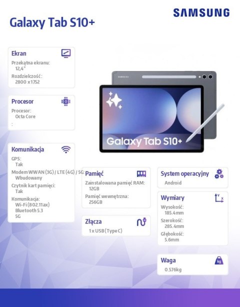 Tablet Galaxy Tab S10+ X826 12.4 cala 5G 12/256GB szary Tablet Galaxy Tab S10+ X826 12.4 cala 5G 12/256GB szary