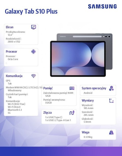 Tablet Galaxy Tab S10+ X826 12.4 cala 5G 12/512GB szary Tablet Galaxy Tab S10+ X826 12.4 cala 5G 12/512GB szary