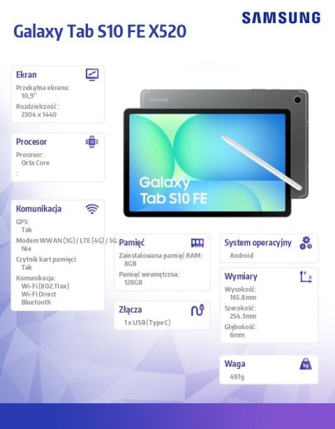 Tablet Galaxy Tab S10 FE X520 10.9 cala Wifi 8/128GB Szary
