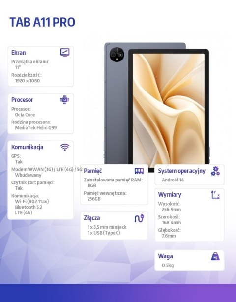 Tablet Tab A11 Pro 4G 11" 8/256GB Space Grey z ładowarką Tablet Tab A11 Pro 4G 11" 8/256GB Space Grey z ładowarką