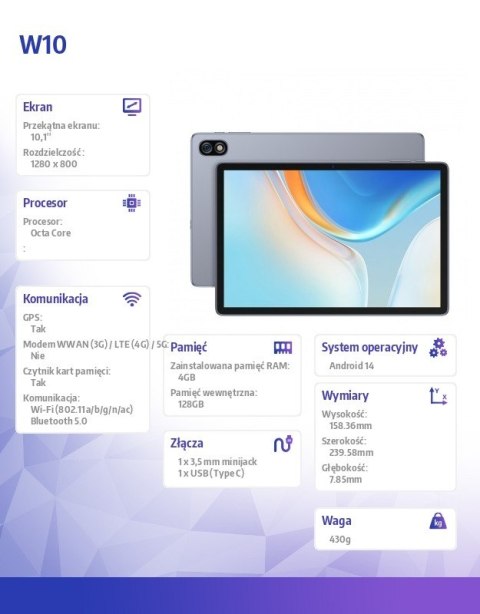 Tablet Tab W10 WiFi 10.1" 4/128GB Space Grey z ładowarką Tablet Tab W10 WiFi 10.1" 4/128GB Space Grey z ładowarką