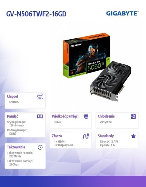 Karta graficzna GeForce RTX 5060 Ti WINDFORCE 16G 128BIT GDDR7 HDMI/3DP Karta graficzna GeForce RTX 5060 Ti WINDFORCE 16G 128BIT GDDR7 HDMI/3DP