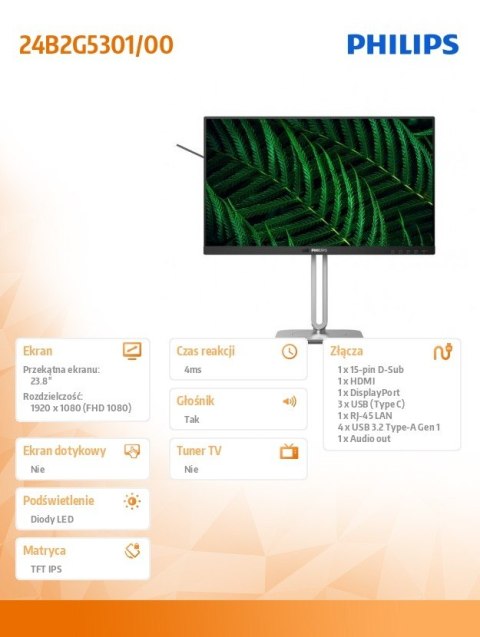 Monitor 24B2G5301 23.8 cala IPS 100Hz HDMI DP RJ45 USB-C Pivot Głośniki Monitor 24B2G5301 23.8 cala IPS 100Hz HDMI DP RJ45 USB-C Pivot Głośniki