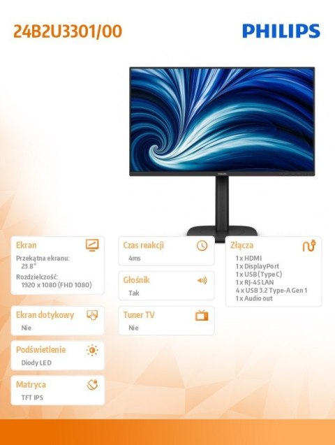 Monitor 24B2U3301 23.8 cala IPS 120Hz HDMI DP RJ45 USB-C Pivot Głośniki