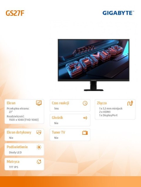 Monitor 27 cali AORUS GS27F 1ms/12MLN:1/GAMING/HDMI
