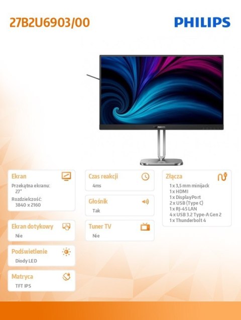 Monitor 27B2U6903 27 cali IPS 4K HDMIx2 DP RJ45 Thunderbolt 4 HAS Głośniki