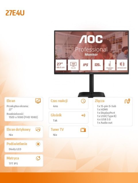 Monitor 27E4U 27 cali IPS 120Hz HDMI DP VGA Pivot
