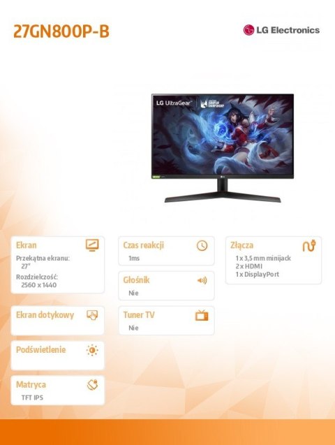 Monitor 27GN800P-B 27 cali IPS UltraGear QHD 144Hz 1ms Monitor 27GN800P-B 27 cali IPS UltraGear QHD 144Hz 1ms