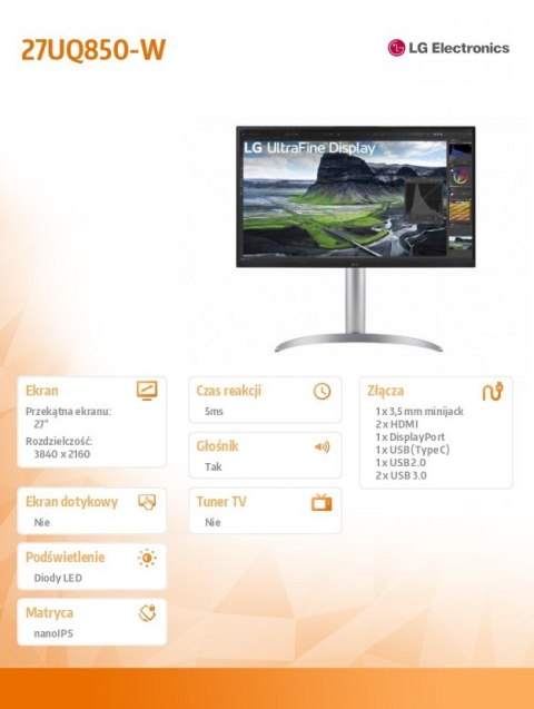 Monitor 27UQ850-W 27 cali UHD 4K Nano IPS Monitor 27UQ850-W 27 cali UHD 4K Nano IPS