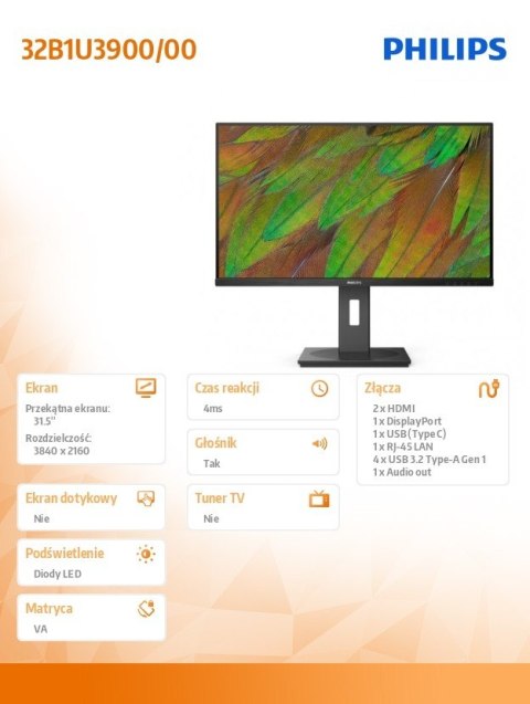 Monitor 32B1U3900 31.5 cala VA 4K HDMIx2 DP RJ45 USB-C Pivot Głośniki Monitor 32B1U3900 31.5 cala VA 4K HDMIx2 DP RJ45 USB-C Pivot Głośniki
