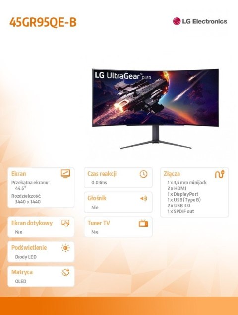 Monitor 45GR95QE-B 45 cali OLED UltraGear WQHD 240Hz Monitor 45GR95QE-B 45 cali OLED UltraGear WQHD 240Hz